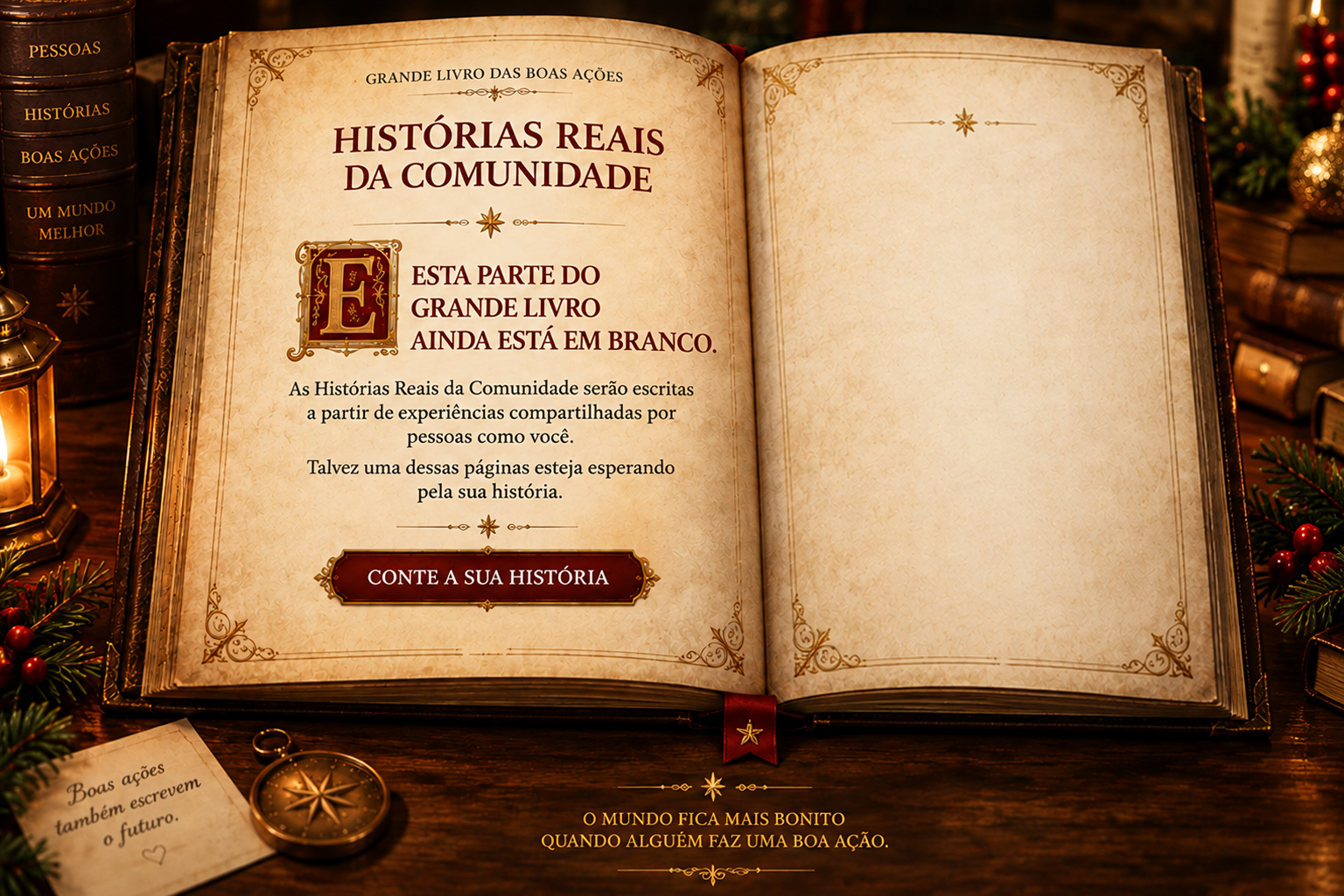 Grande Livro das Boas Ações aberto na seção Histórias Reais da Comunidade. Esta parte do Grande Livro ainda está em branco.